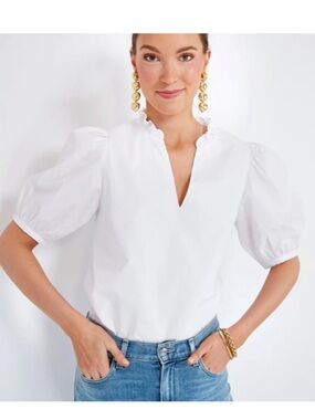 Tuckernuck Hyacinth House White Ruffle V-Neck Puff Sleeve Blouse sz L